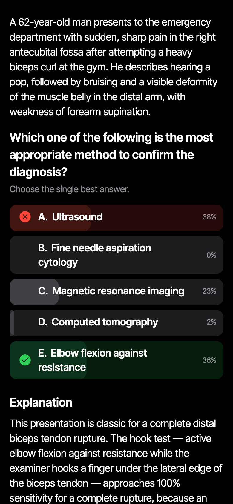 An answered AMC Part 1 question in DuoVa: the correct option marked with a green tick, the chosen wrong option marked with a red cross, community answer percentages beside each option, and a worked explanation below.
