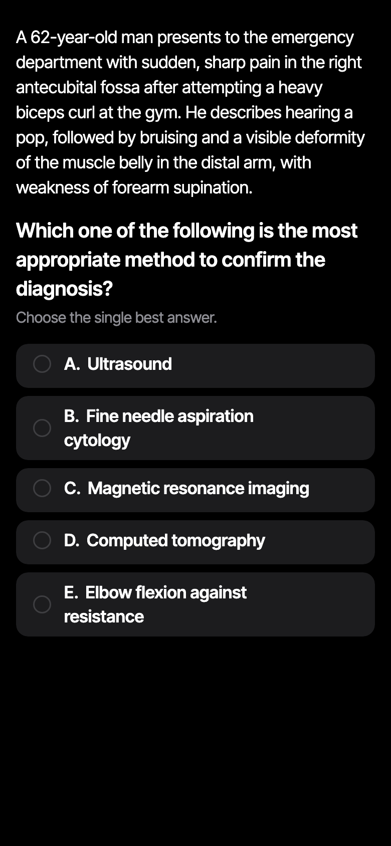 The same question after DuoVa has reconstructed it into a proper multiple-choice card, ready to answer.