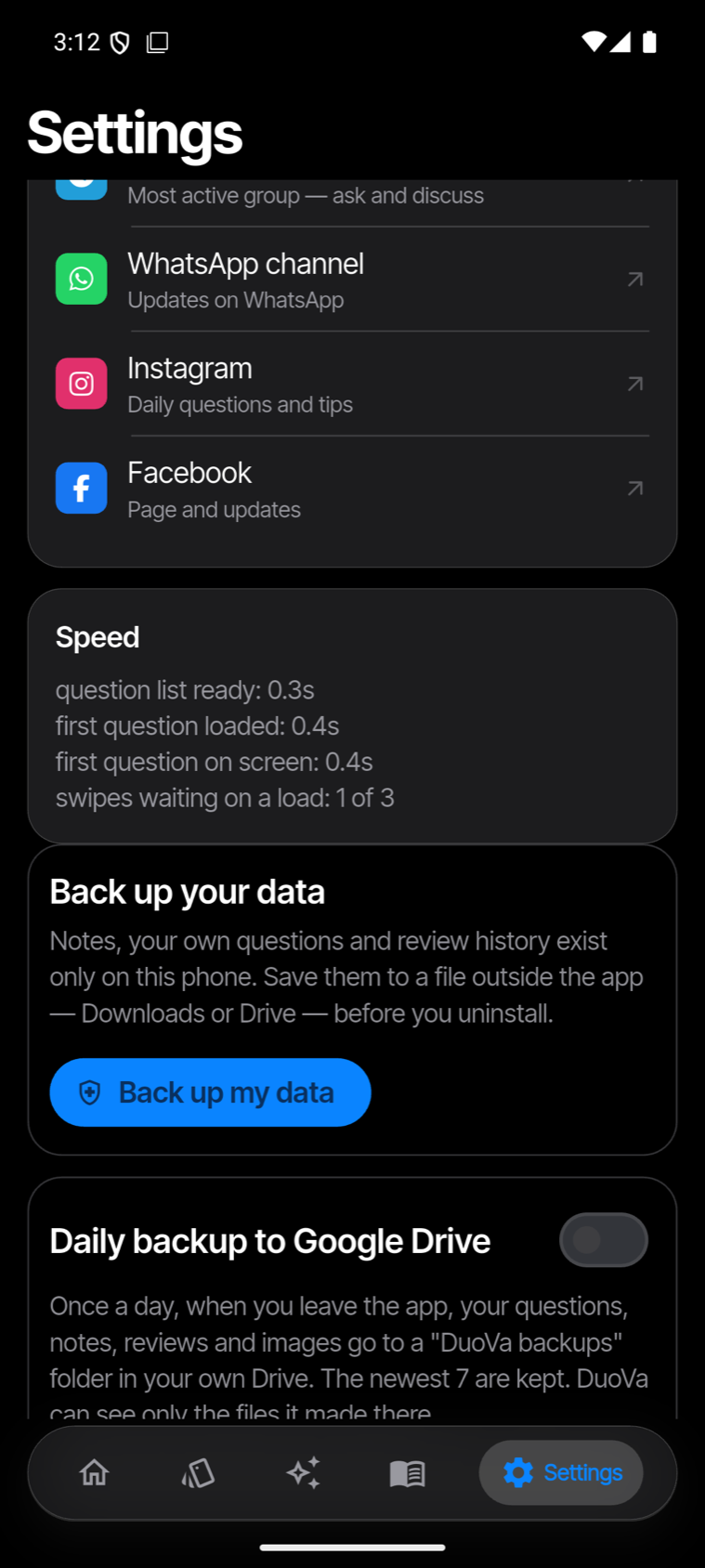 DuoVa settings: community channels and daily backup to Google Drive.