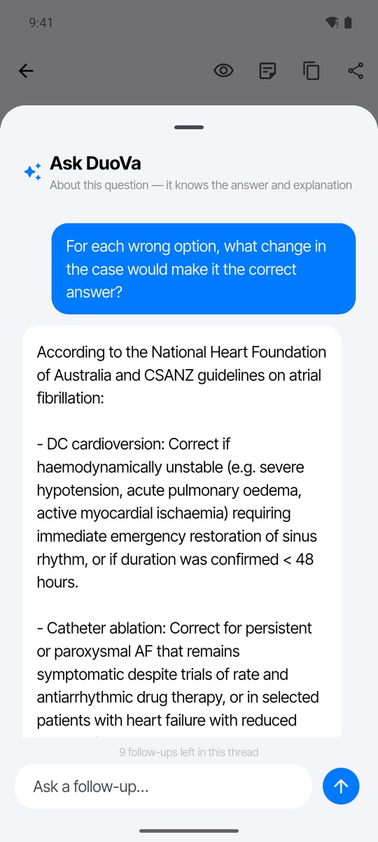 Ask DuoVa explaining when DC cardioversion, catheter ablation, warfarin or rhythm control would be the right answer instead.