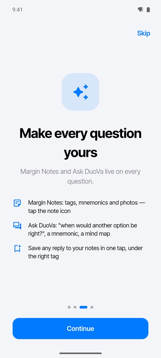 DuoVa tour: Margin Notes with tags, mnemonics and photos, and Ask DuoVa follow-up questions on every MCQ.