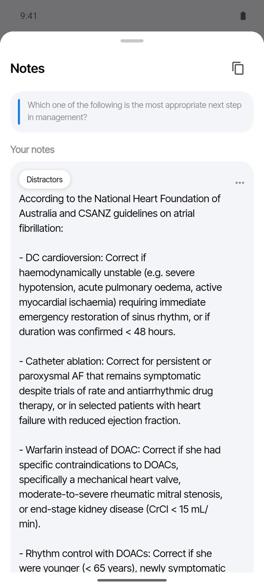 Margin Notes on the atrial fibrillation question showing the saved Distractors note.